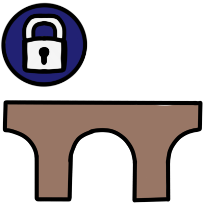 a simple brown beam bridge shape. above it is a dark blue circle with a white padlock shape in it